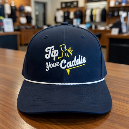 Navy blue cap with white embroidered 'Tip Your Caddie' logo on a wooden table in a golf pro shop.