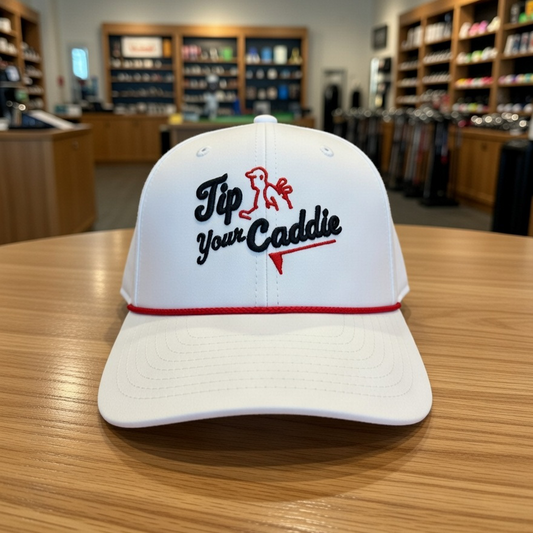 White cap with Embroidered OG 'Tip Your Caddie' logo on a wooden table in a golf pro shop